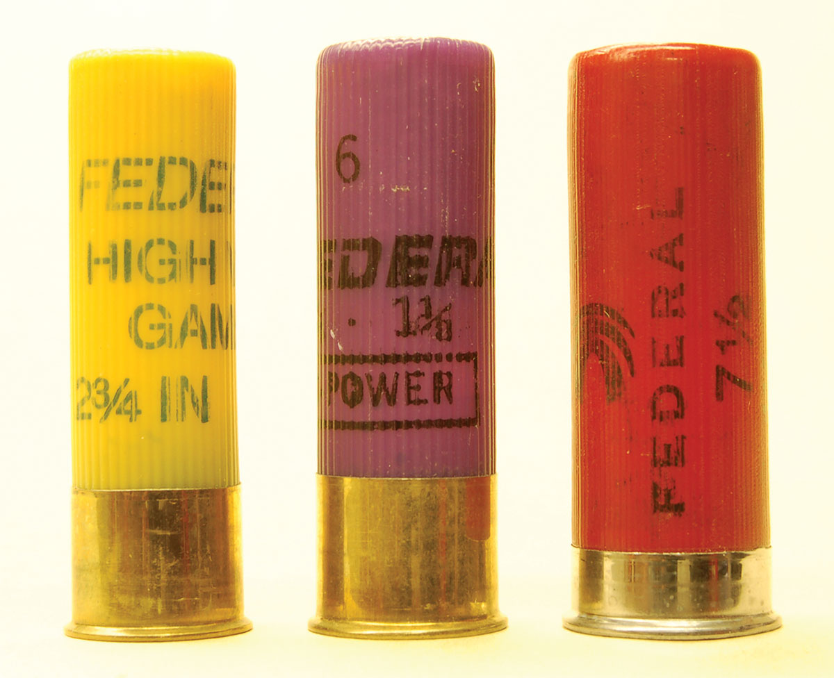 Federal Cartridge Co. initiated color coding of modern shells using (left to right): a 20-gauge yellow, a 16-gauge purple and a 12-gauge red. Only the 20-gauge yellow shell caught on.